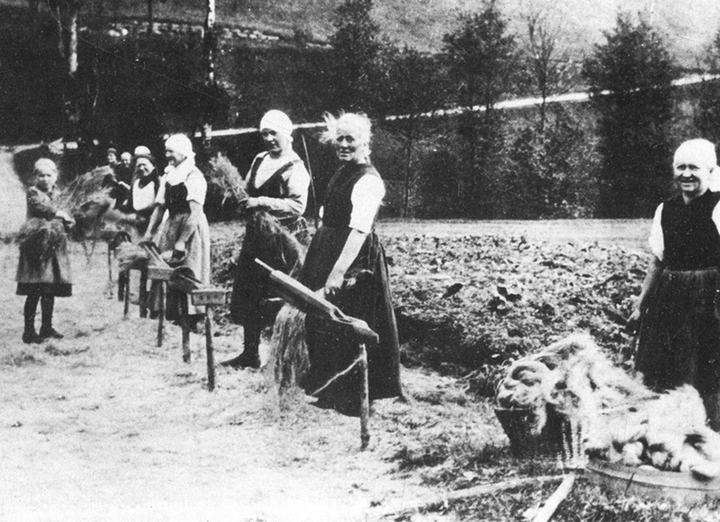 Flachsbrecherinnen beim Vogtsmichelhof, um 1930